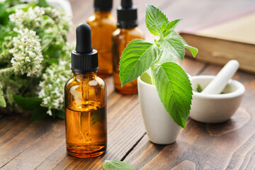 Dropper bottles of mint essential oil, tincture or infusion, mortars of peppermint leaves, blossom spearmint plants and book on background. - 459328283