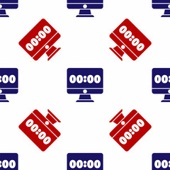 Blue and red Clock on computer monitor screen icon isolated seamless pattern on white background. Schedule concepts. Vector