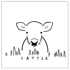Sweet cattle vector illustration in hand-drawing. Cute animal head shot picture with hand lettering - cattle - 