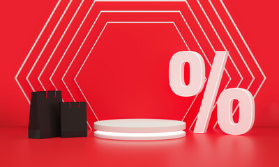 Black fridays discounts. Percent discount symbol and Shopping bags with Podium with light on hexagonal wall on studio background.