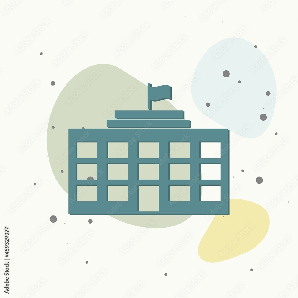 Poster vector icon of a school building on multicolored background.