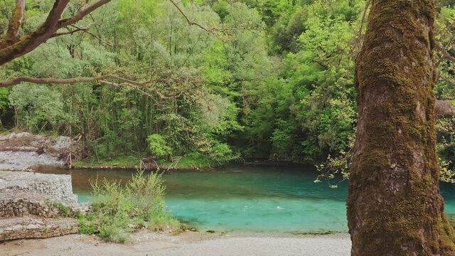 4K aerial footage of Voidomatis river, Vikos&ndash;Aoos National Park. Pindus mountain. Papingo bridge. Ioannina region. Greece.