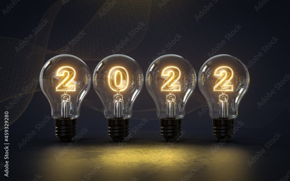 Poster 2022 new year glowing inside lightbulb 3d rendering background