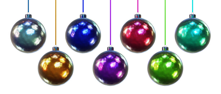 Realistic 3D illustration of the hanging colorful metallic paint Christmas balls isolated on white