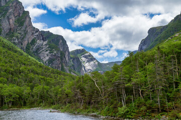 Water with a mountain in the background; blue sky with white clouds - Gros Morne National Park -...