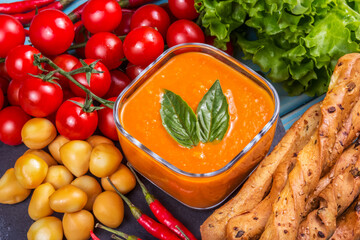 Spicy cream soup with cheese. Tomato cream soup