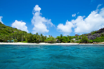Fototapeta na wymiar Beautiful nature on the shore of the turquoise waters of the ocean. The Seychelles.