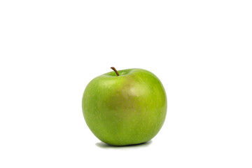Fresh green apple, side view isolated on white background with shadow.