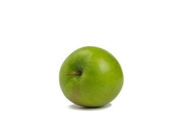 Fresh green apple with stick isolated on white with shadow.