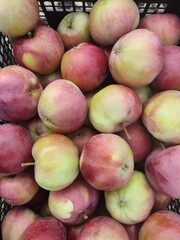 Apples in plastic baskets.
Ripe red apples close-up. Photo of juicy fruits after harvesting an agricultural crop in an apple orchard.