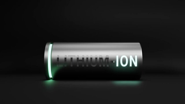 Lithium ion battery recharging power from empty to fully charged animation, 3D rendering Li-Ion neon energy storage device power charging technology concept