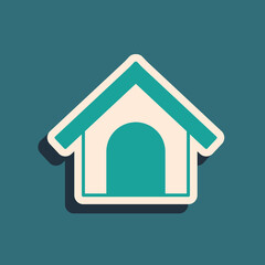 Green Dog house icon isolated on green background. Dog kennel. Long shadow style. Vector