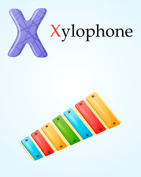 Kids banner with english alphabet letter X and cartoon image of children musical toy xylophone