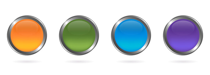 Set of Glass Colorful Round Button with Silver Frame on White Background. Mockup Collection of Blue, Green, Orange, Violet Realistic Buttons with Metal Border and Shadow. Isolated Vector Illustration