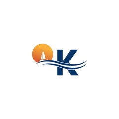Letter K logo with ocean landscape icon template