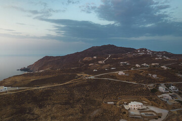 Aerial Drone Dusk View of Mykonos Landscape