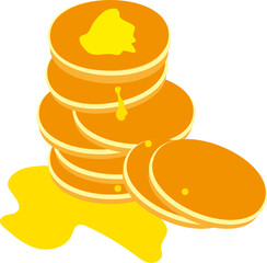 Print  Hand-made illustration  dreakfast, red hot pancakes  with honey  on white background. Delicious food for  quests.