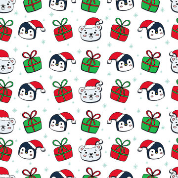 New Year's pattern with gifts, cute faces of a polar bear and a penguin in a Santa hat. Vector image in cartoon style.