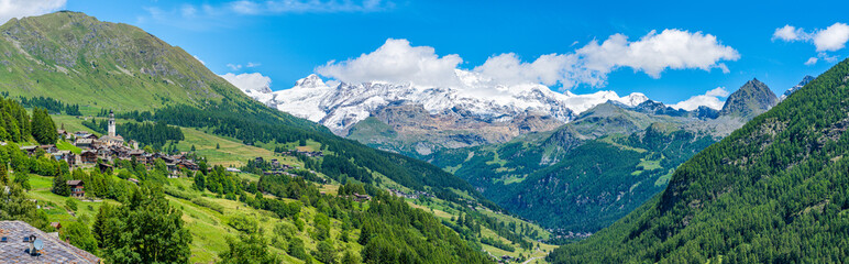 Naklejka na ściany i meble Idyllic sight in the beautiful village of Antagnod in the Ayas Valley, Aosta Valley, Italy.