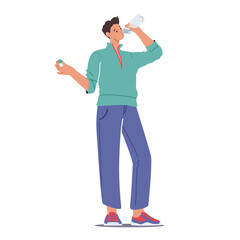Male Character Drinking Water from Plastic Bottle for Body Hydration, Refreshment after Sport Workout or Exercising