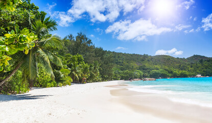 White coral beach sand and azure ocean. Seychelles islands.