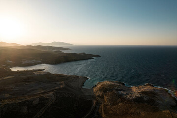 Fototapeta na wymiar Aerial Drone View of Mykonos Landscape of the Coast at Sunset