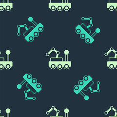 Green and beige Mars rover icon isolated seamless pattern on blue background. Space rover. Moonwalker sign. Apparatus for studying planets surface. Vector