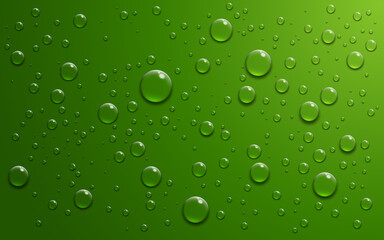 Fototapeta na wymiar Realistic water drops on green background