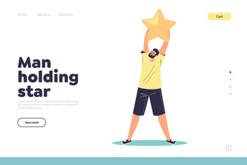 Man holding star concept of landing page with client giving high rating to service or application