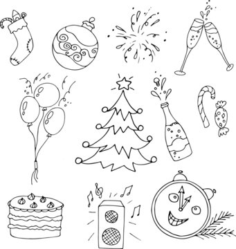 A set of Doodles Happy New Year and Christmas. Vector image of a Christmas tree, champagne, glasses, a sock with gifts, sweets, chimes, cake, music and balloons.