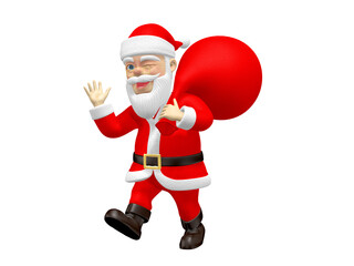 Santa Claus carrying a red bag brings presents to the children on Christmas night.3d illustration.