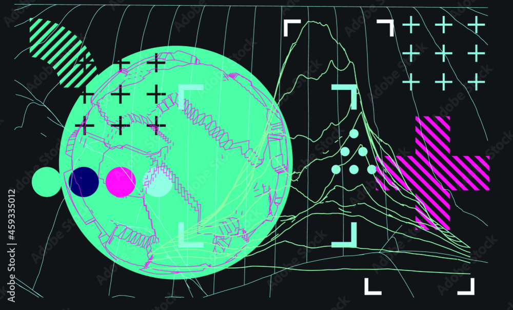 Poster Glitched and distorted 3D sphere wireframe. Abstract geometric vector illustration. 