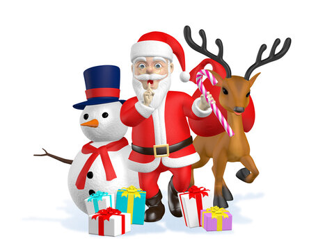 Santa Claus has a secret, with Snowman and Little Deer beside it. Their mission is to bring gifts to the children on Christmas night.3d illustration.