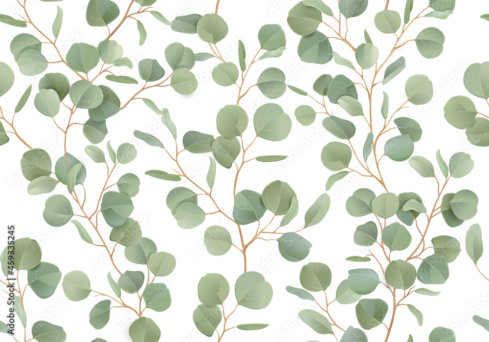 Wall mural eucalyptus floral watercolor seamless pattern. vector illustration tropical greenery branches backgr