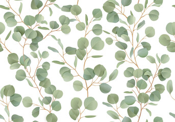 Eucalyptus floral watercolor seamless pattern. Vector illustration tropical greenery branches background