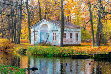 Children's house in autumn foliage in Alexander park, Tsarskoe Selo (Pushkin), St. Petersburg,...
