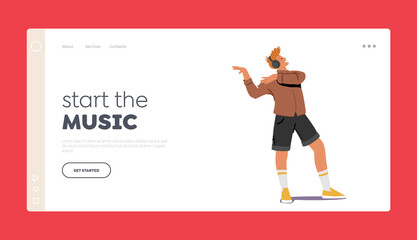 Young Man in Headphones Listen Music Landing Page Template. Male Character Wearing Earphones Enjoying Sound