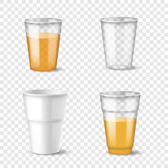 Filled and empty disposable plastic cup set. Realistic container for cold, hot drink templates