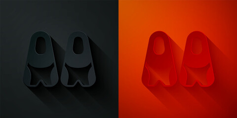 Paper cut Rubber flippers for swimming icon isolated on black and red background. Diving equipment. Extreme sport. Diving underwater equipment. Paper art style. Vector © vector_v