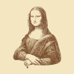 Sketch of the famous painting by Leonardo da Vinci 'Mona Lisa' (Gioconda). Portrait of a smiling woman. Italy. Vintage brown and beige card, hand-drawn, vector. Old design. Line graphics.