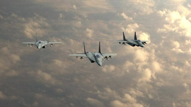 A D render of three military jets flying in a sky