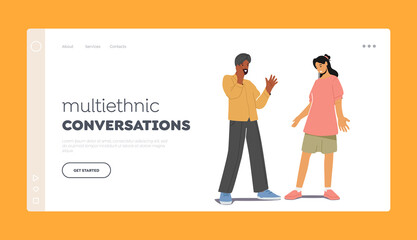 Multiethnic Conversations Landing Page Template. Pakistani Man and Caucasian Woman Talking. Multiracial Couple Dialogue