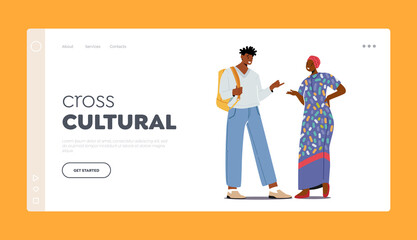 Cross Cultural Communication Landing Page Template. Multiethnic People African Man and Woman Talking, Speaking
