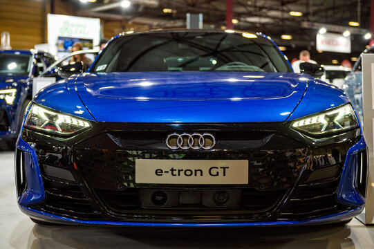 Audi e-tron GT electric supercar premiere at a motor show, 2021 model, front view