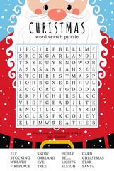 Christmas word search puzzle. Educational game for children. Winter holidays  theme learning vocabulary. Crossword with funny Santa Claus. Printable worksheet. Suitable for social media post. 