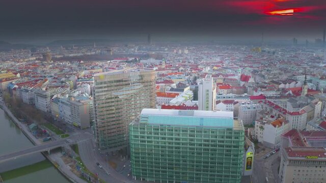 Sunset over Vienna skyline aerial view skyscrapers autria in 4k