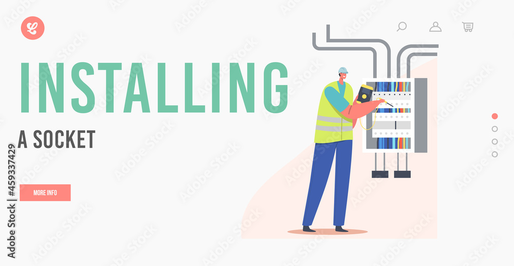 Poster installing socket landing page template. electrician worker examine working draft or measure voltage