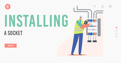 Installing Socket Landing Page Template. Electrician Worker Examine Working Draft or Measure Voltage at Dashboard