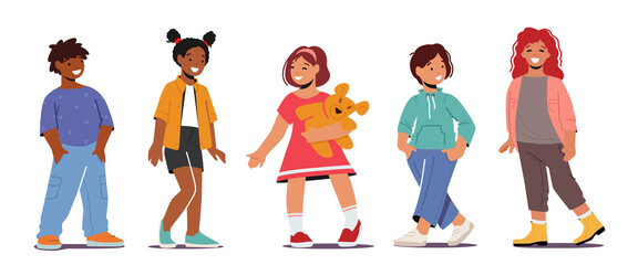 Smiling Kids, Multiracial Boys and Girls Toddlers Characters Wear Fashionable Clothes. Children Smile, Positive Emotions