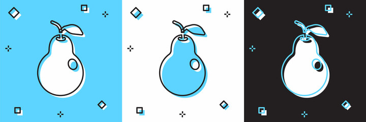 Set Pear icon isolated on blue and white, black background. Fruit with leaf symbol. Vector